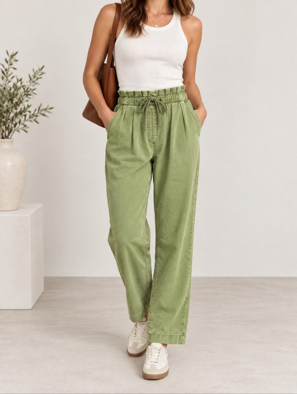 Zara Lyocell Cotton Paperbag Waist Drawstring Straight Leg Utility Trousers